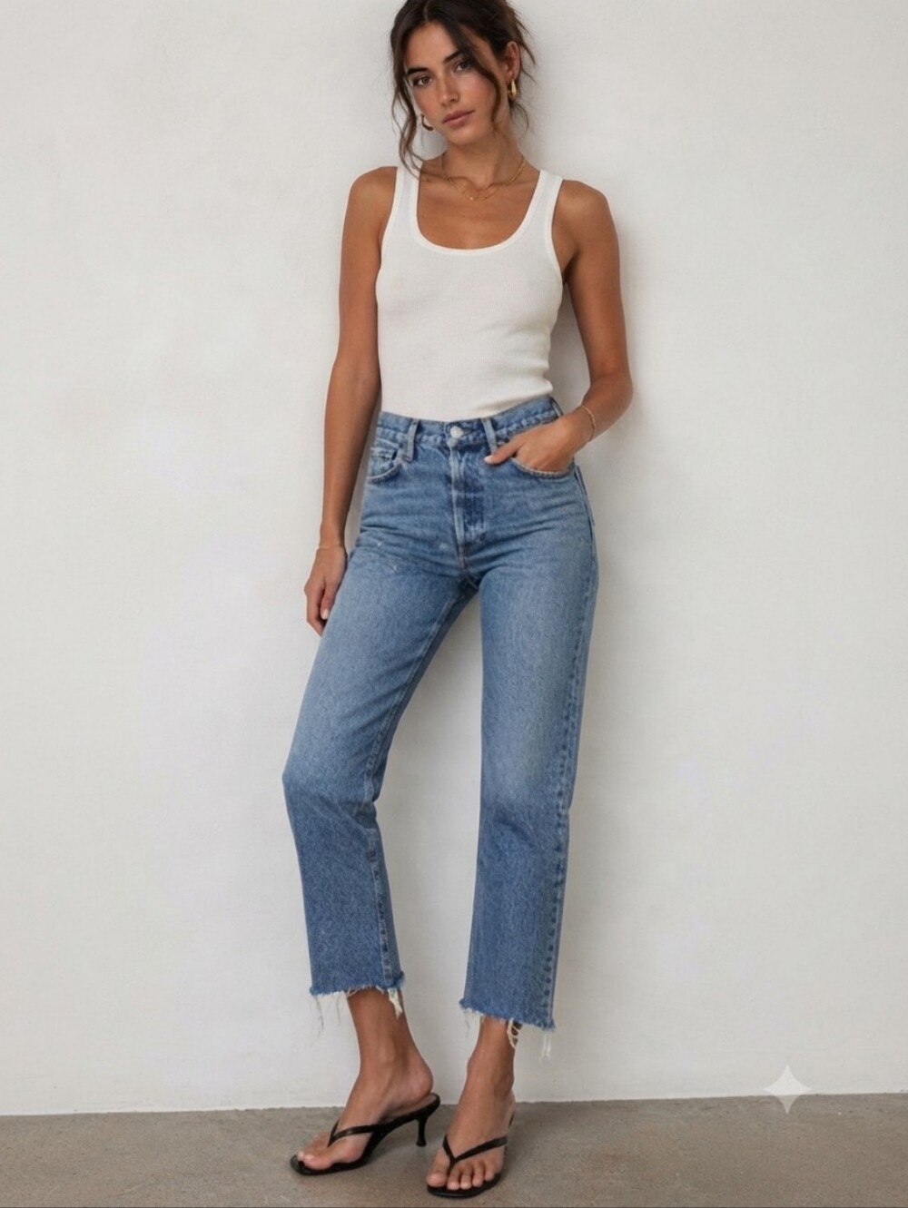 AGOLDE Riley Crop High Rise Straight-Leg Blue Jeans Button-Fly Frayed Hem Sz 27